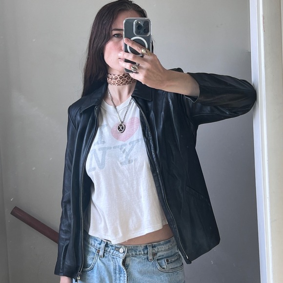 Alfani Jackets & Blazers - Vintage Black Leather Jacket Zip Up Sleek 90s Minimalist Biker Chic Size Small